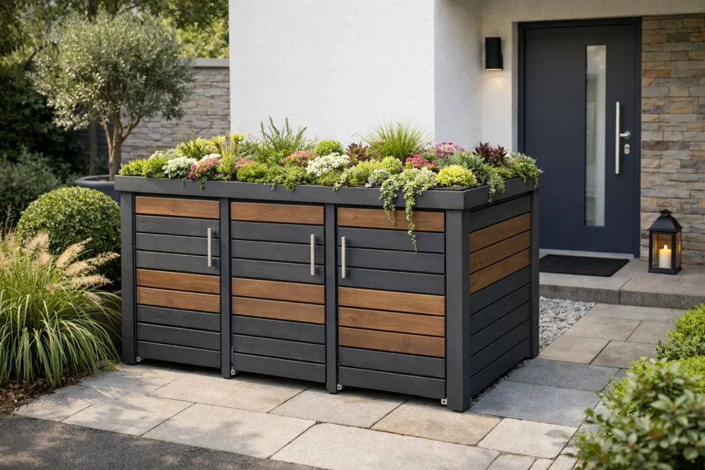 Mülltonnenbox mit Pflanzdach als Hingucker im Eingangsbereich